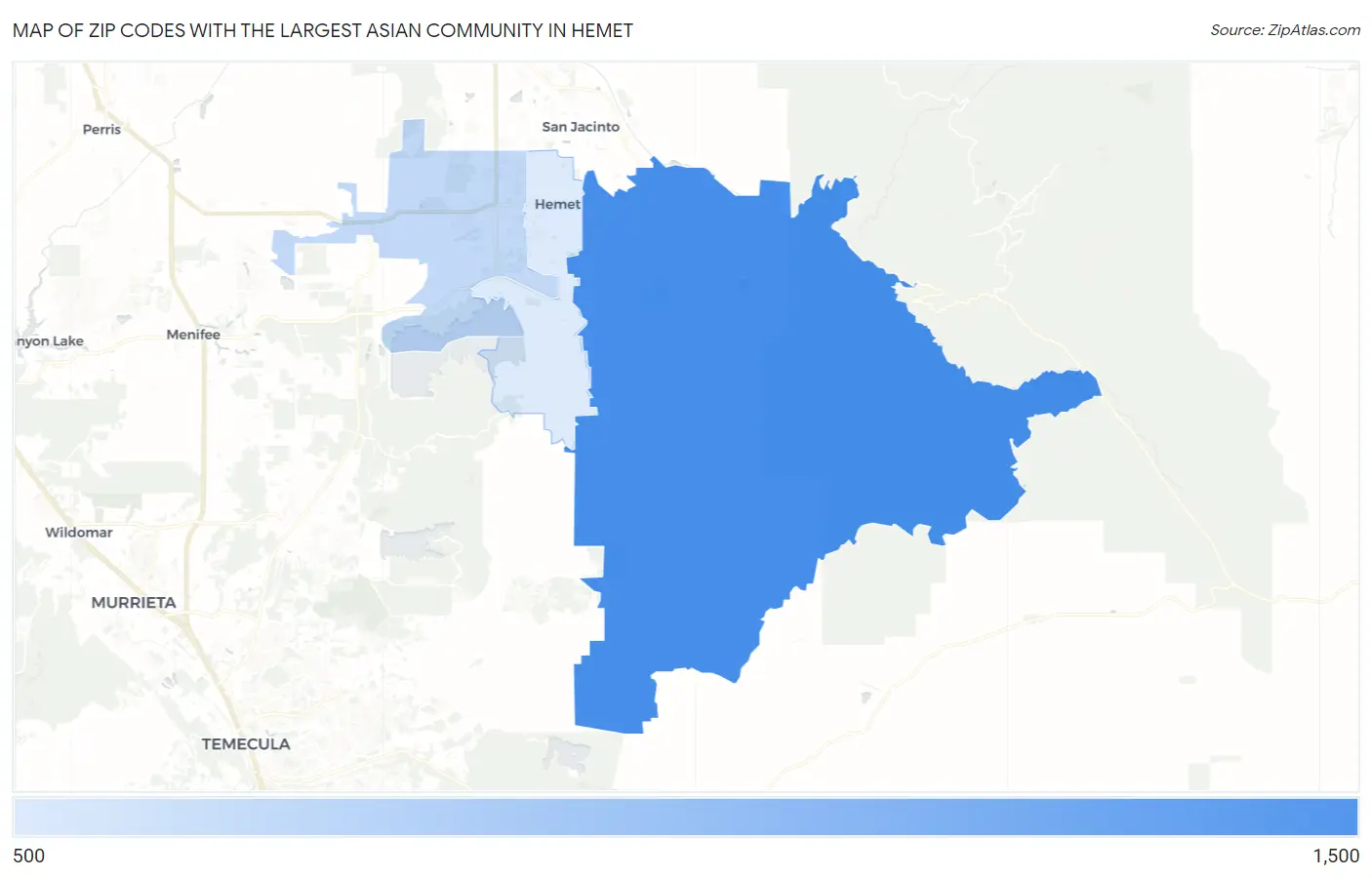 Zip Codes with the Largest Asian Community in Hemet Map