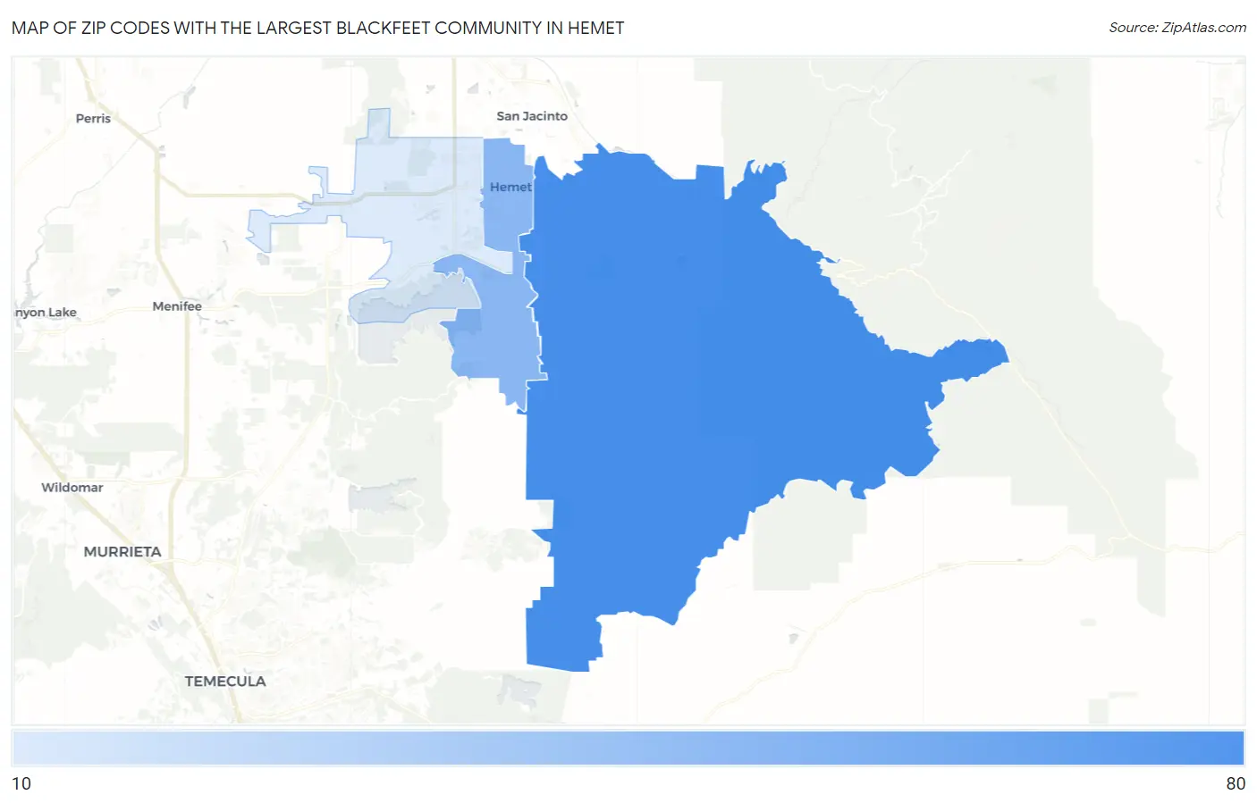 Zip Codes with the Largest Blackfeet Community in Hemet Map