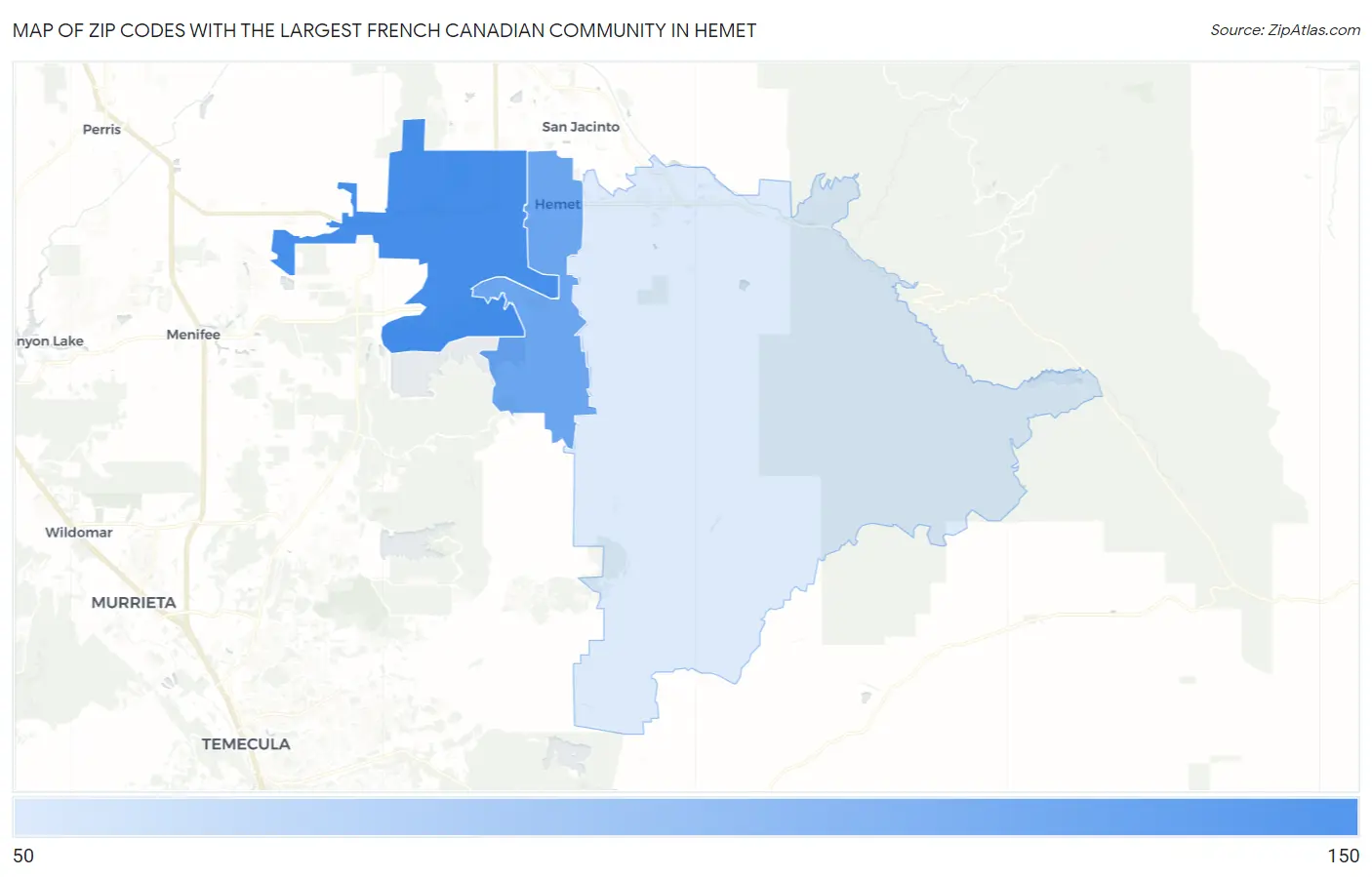 Zip Codes with the Largest French Canadian Community in Hemet Map