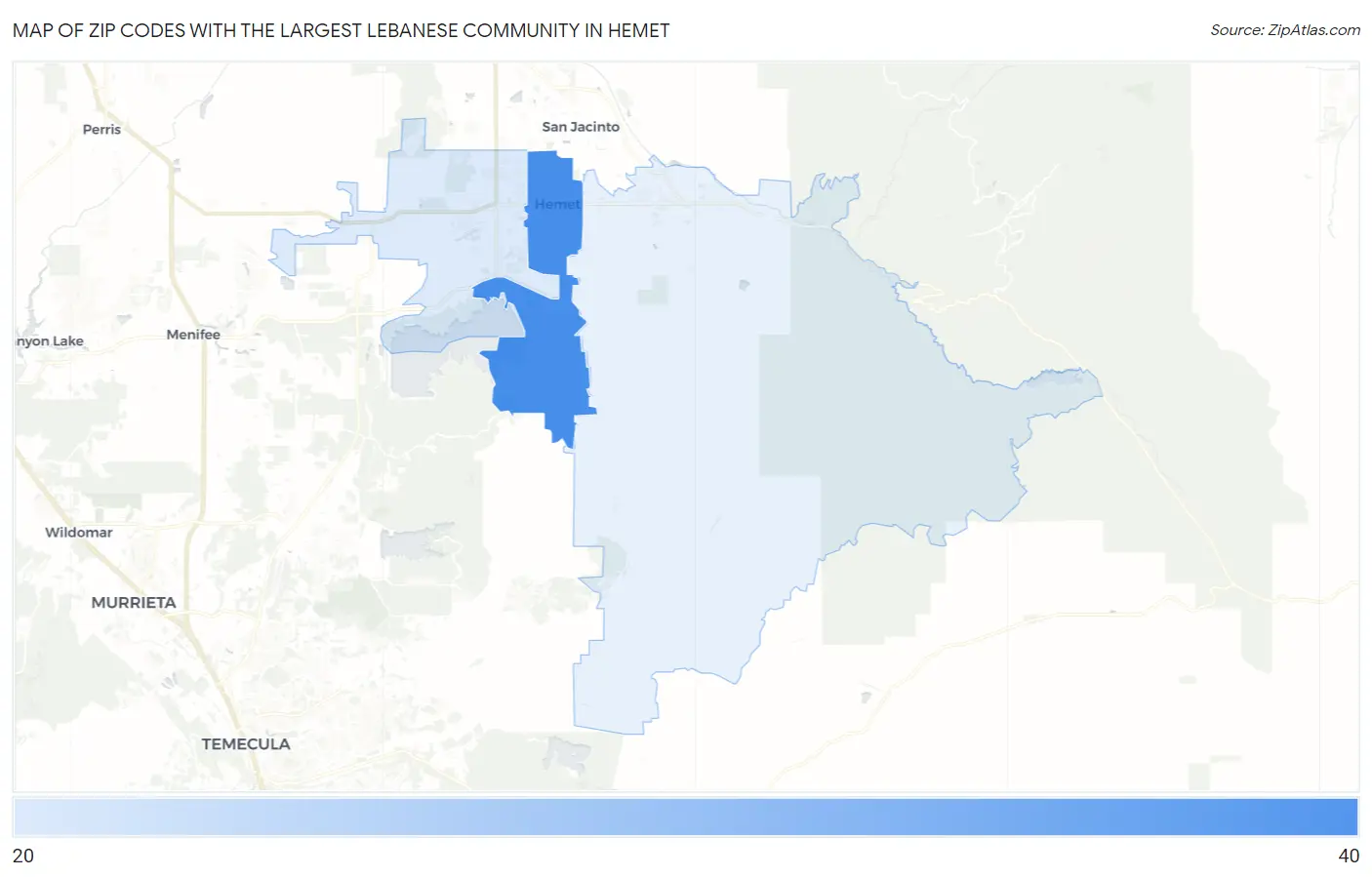 Zip Codes with the Largest Lebanese Community in Hemet Map
