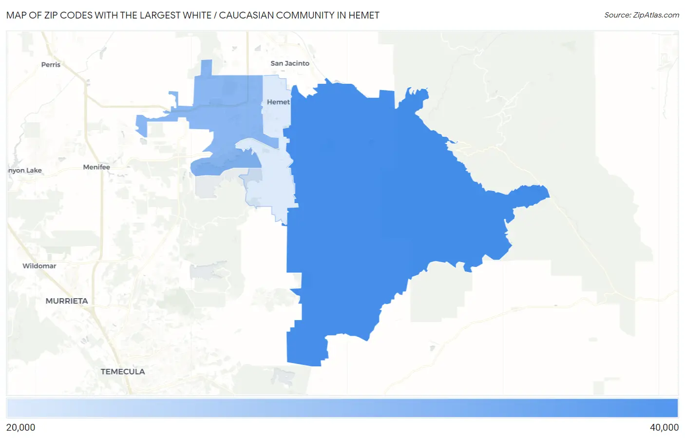 Zip Codes with the Largest White / Caucasian Community in Hemet Map