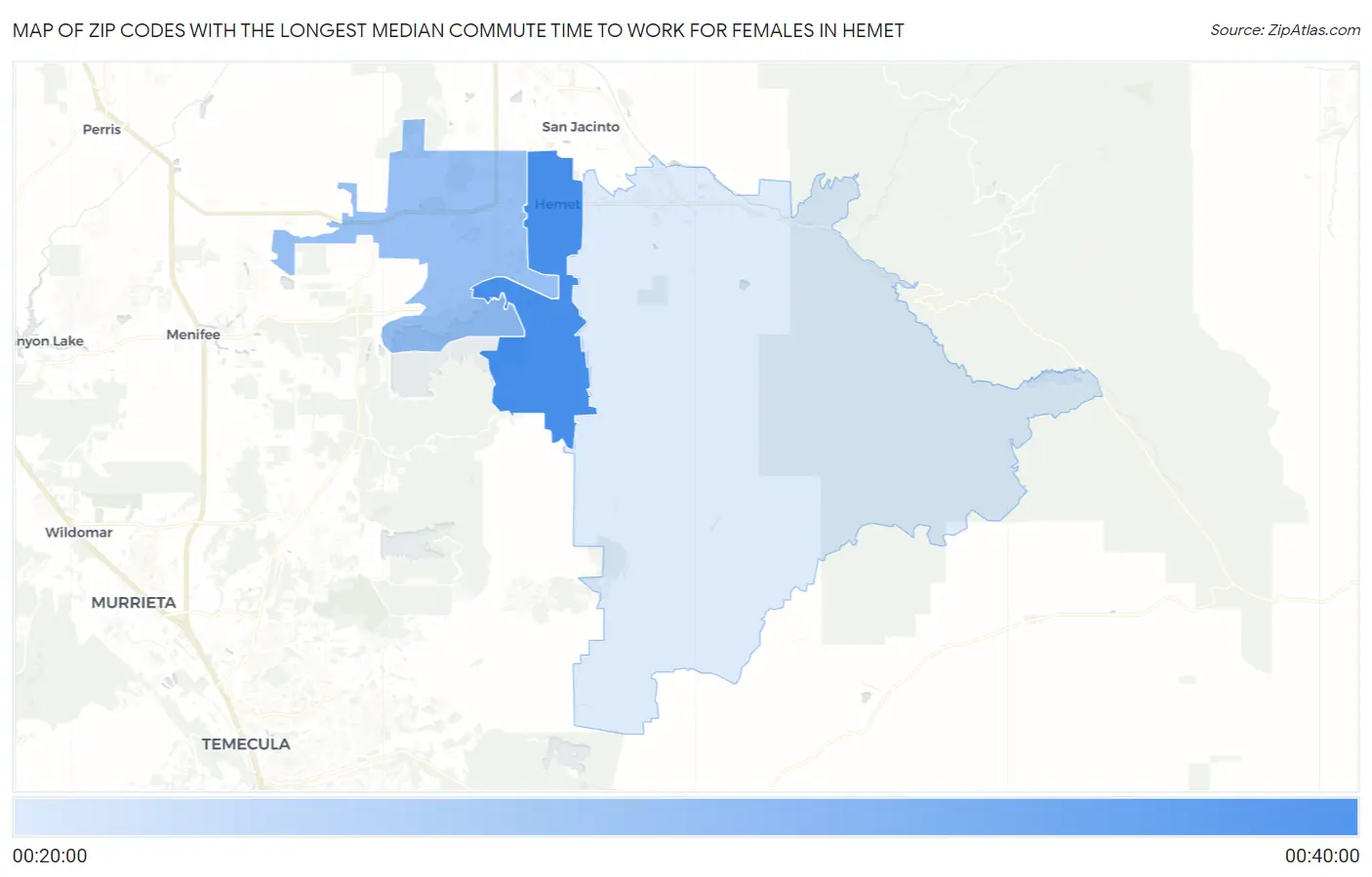 Zip Codes with the Longest Median Commute Time to Work for Females in Hemet Map
