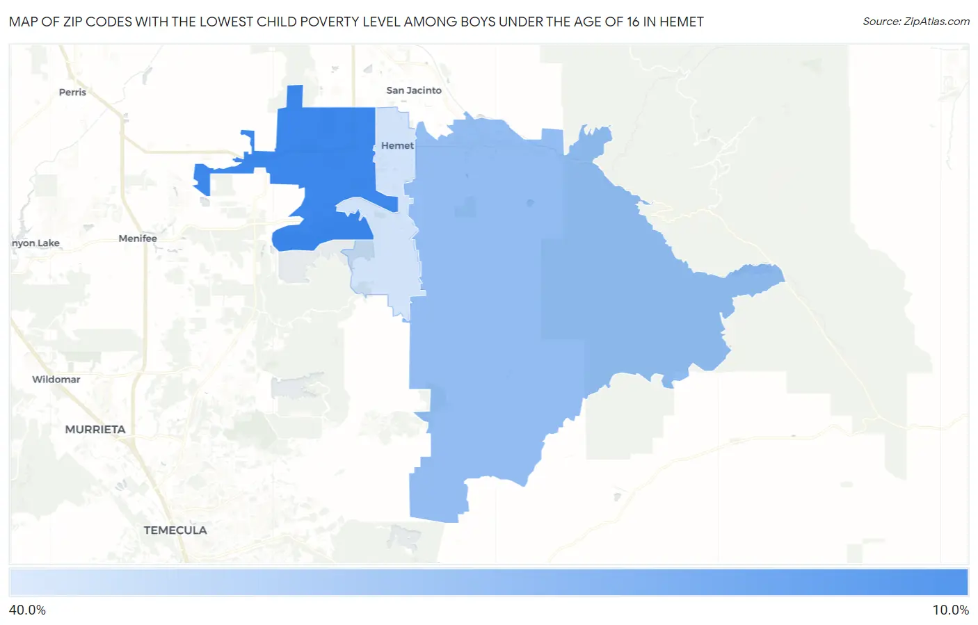 Zip Codes with the Lowest Child Poverty Level Among Boys Under the Age of 16 in Hemet Map