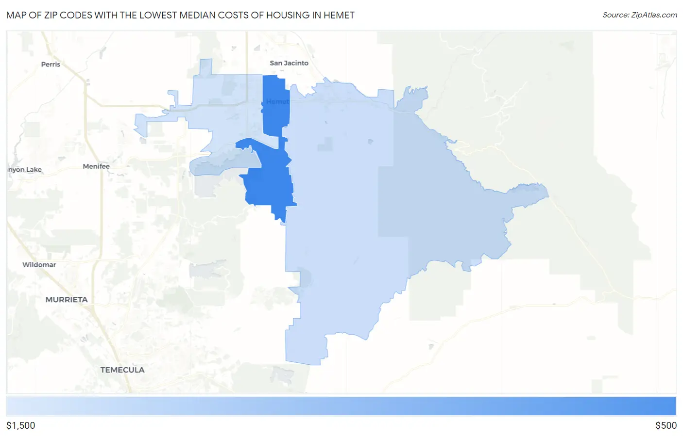 Zip Codes with the Lowest Median Costs of Housing in Hemet Map