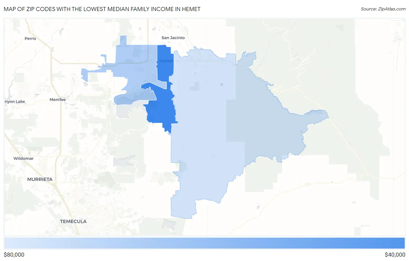 Zip Codes with the Lowest Median Family Income in Hemet Map