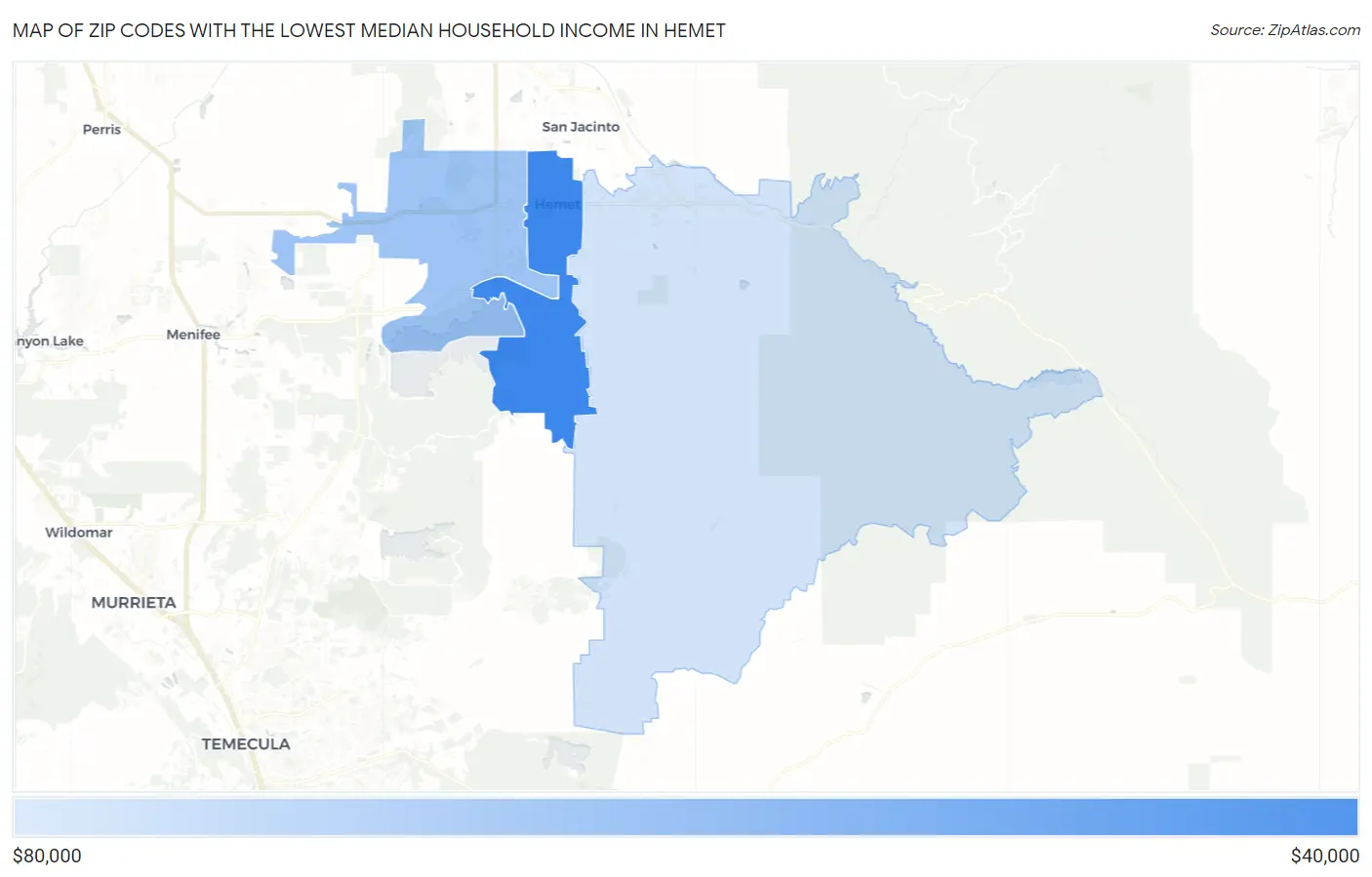 Zip Codes with the Lowest Median Household Income in Hemet Map