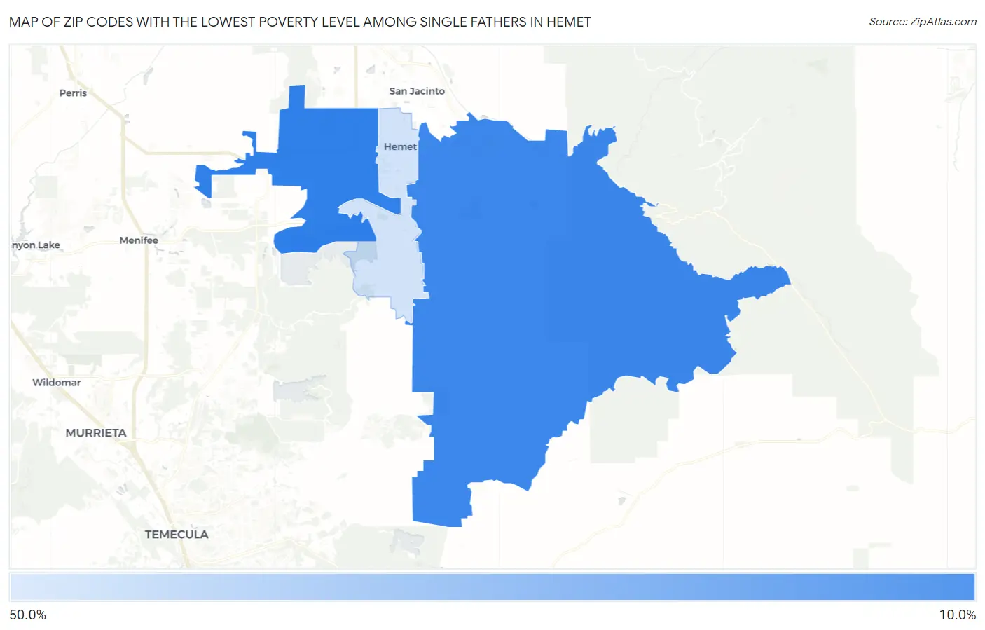 Zip Codes with the Lowest Poverty Level Among Single Fathers in Hemet Map