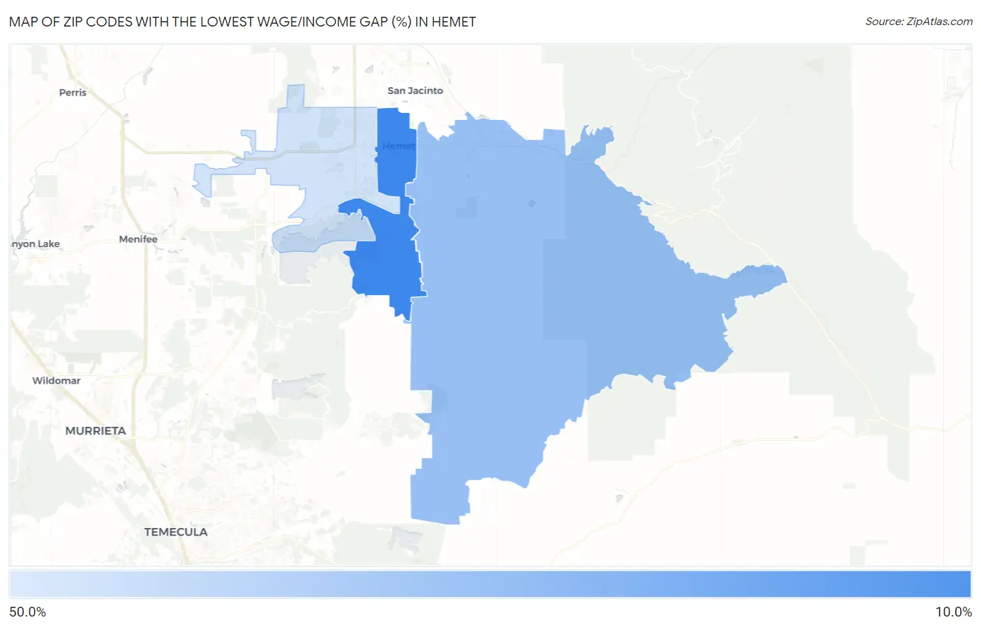 Zip Codes with the Lowest Wage/Income Gap (%) in Hemet Map