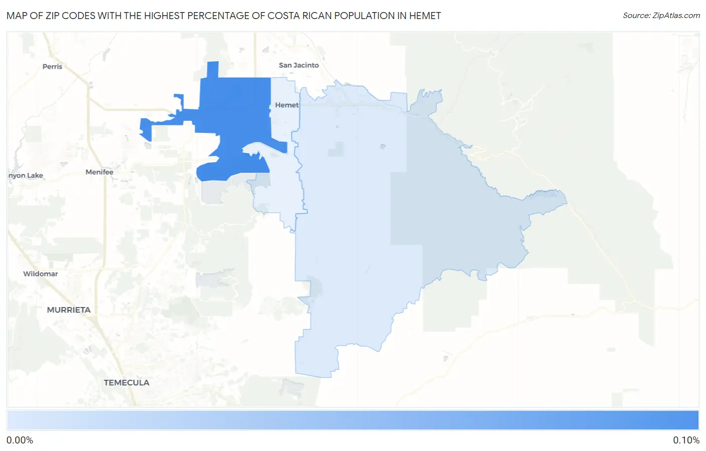 Zip Codes with the Highest Percentage of Costa Rican Population in Hemet Map