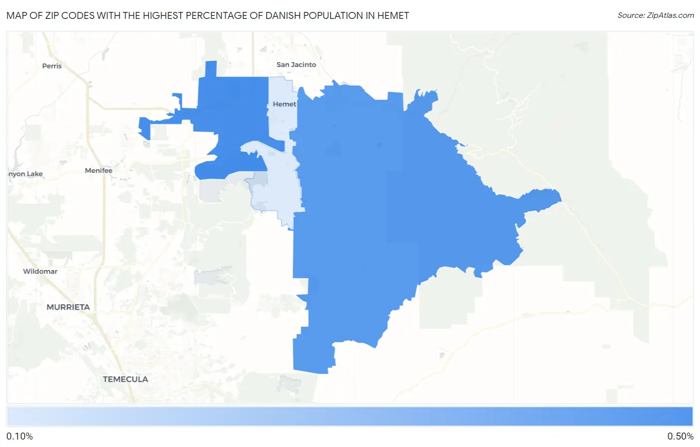 Zip Codes with the Highest Percentage of Danish Population in Hemet Map