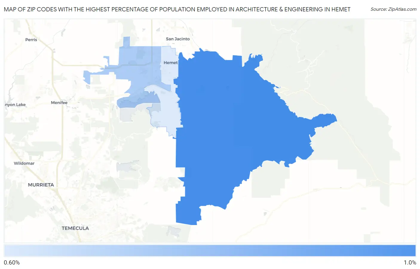 Zip Codes with the Highest Percentage of Population Employed in Architecture & Engineering in Hemet Map