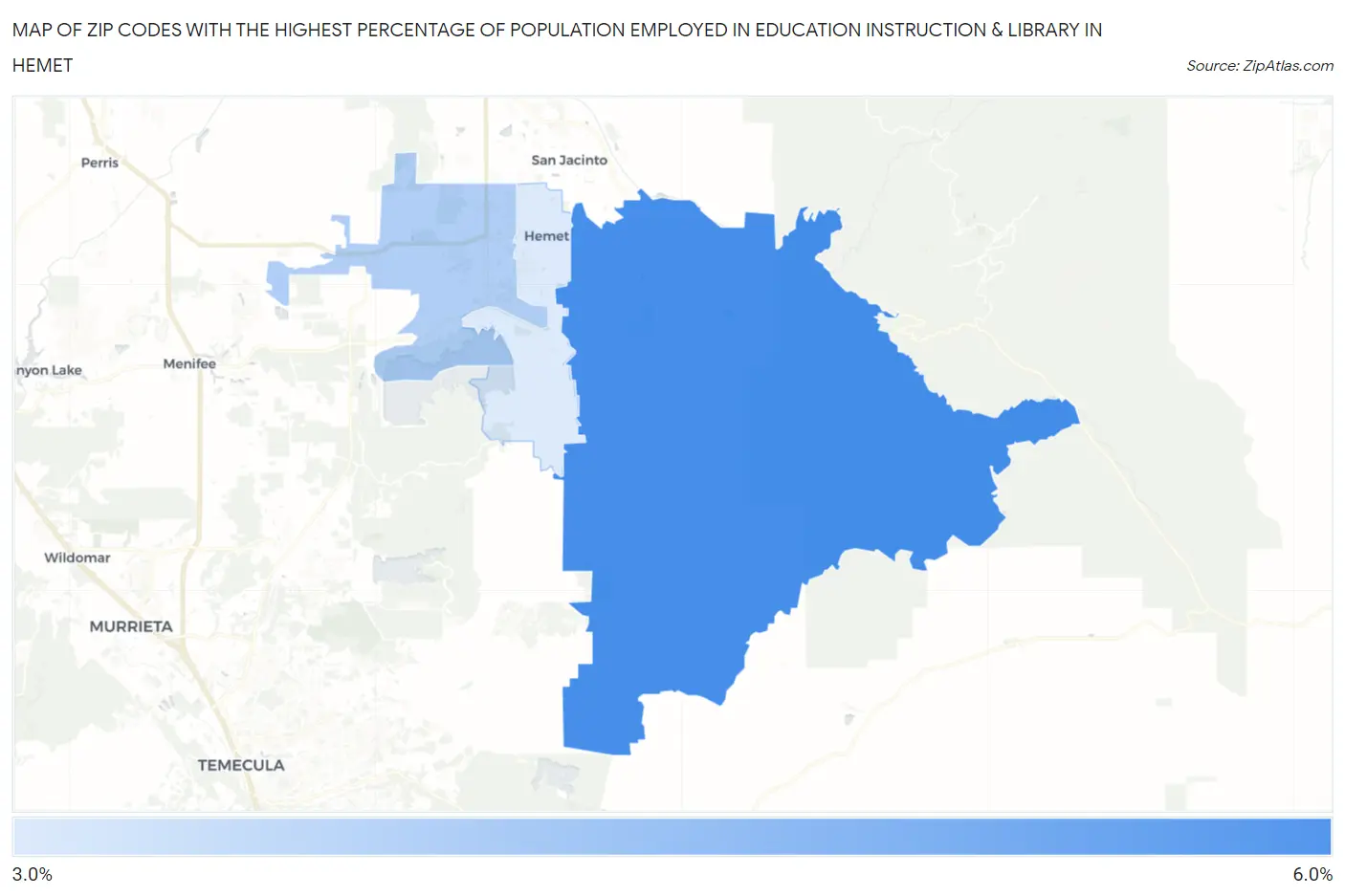 Zip Codes with the Highest Percentage of Population Employed in Education Instruction & Library in Hemet Map