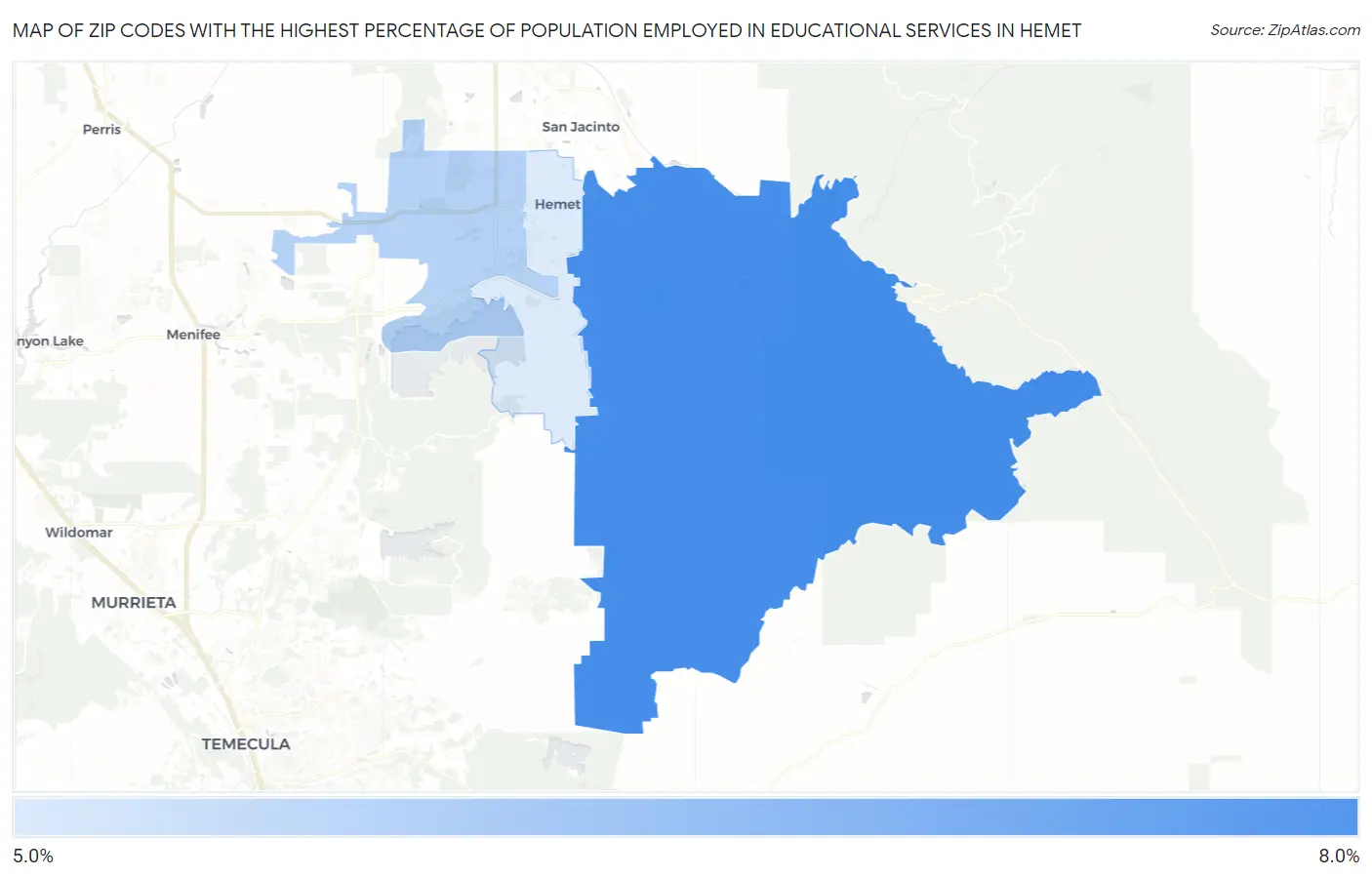Zip Codes with the Highest Percentage of Population Employed in Educational Services in Hemet Map