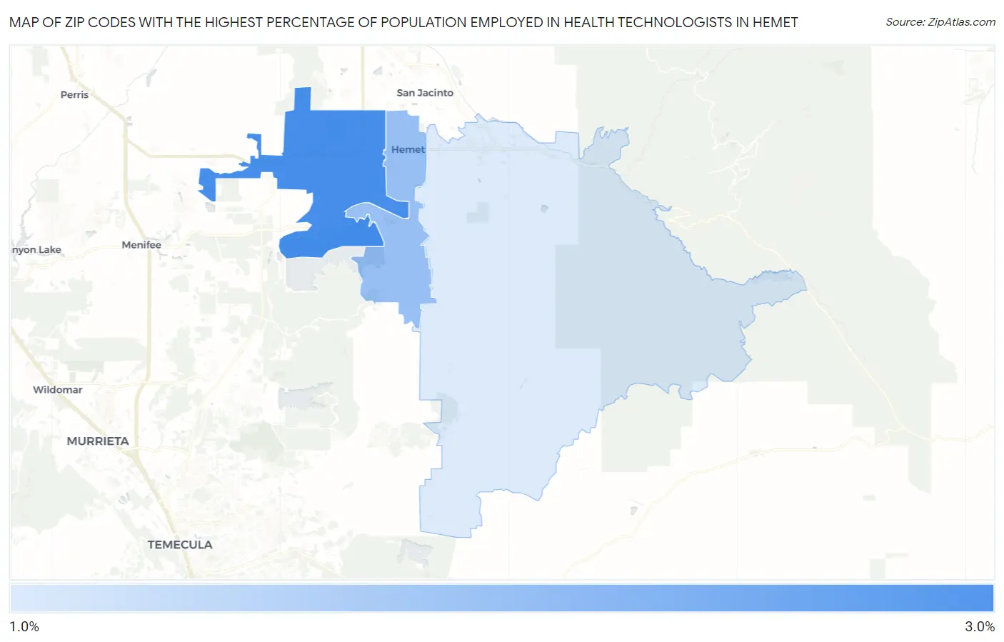Zip Codes with the Highest Percentage of Population Employed in Health Technologists in Hemet Map