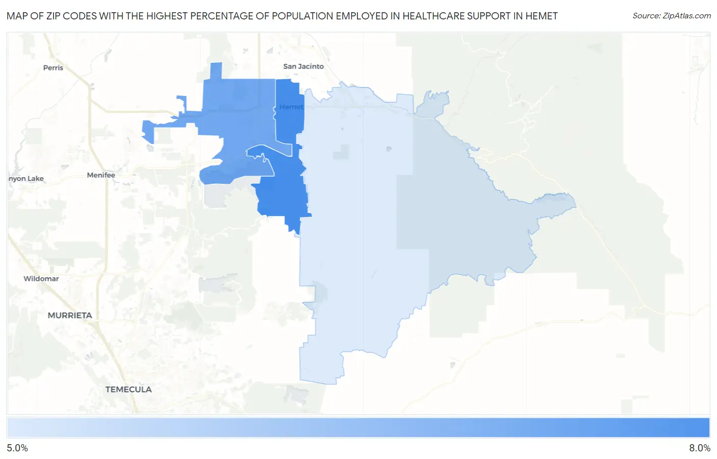 Zip Codes with the Highest Percentage of Population Employed in Healthcare Support in Hemet Map