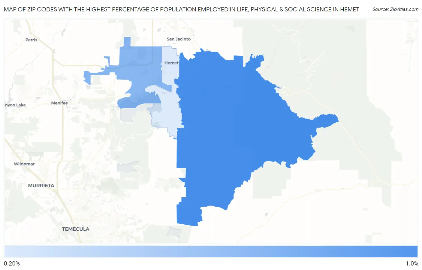 Zip Codes with the Highest Percentage of Population Employed in Life, Physical & Social Science in Hemet Map