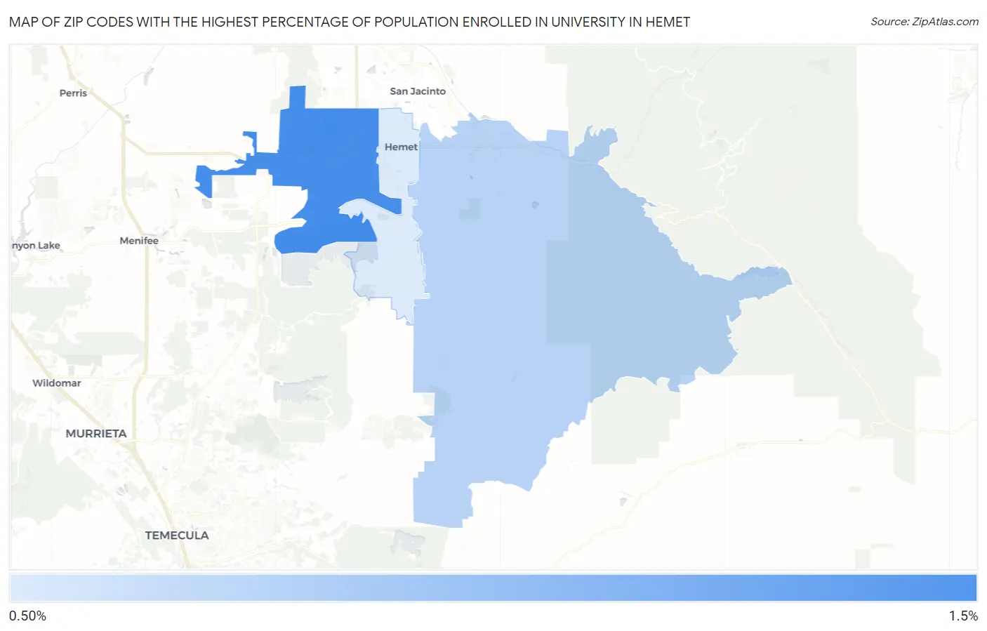 Zip Codes with the Highest Percentage of Population Enrolled in University in Hemet Map