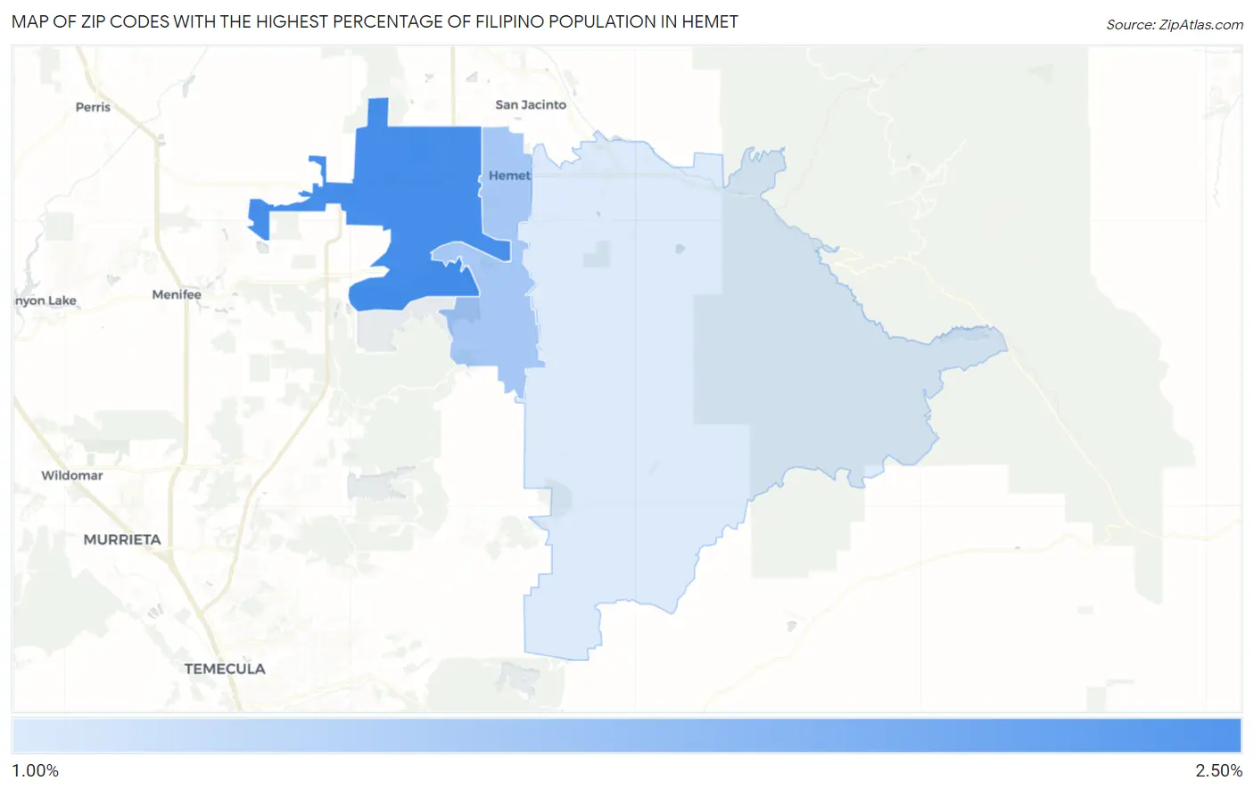 Zip Codes with the Highest Percentage of Filipino Population in Hemet Map
