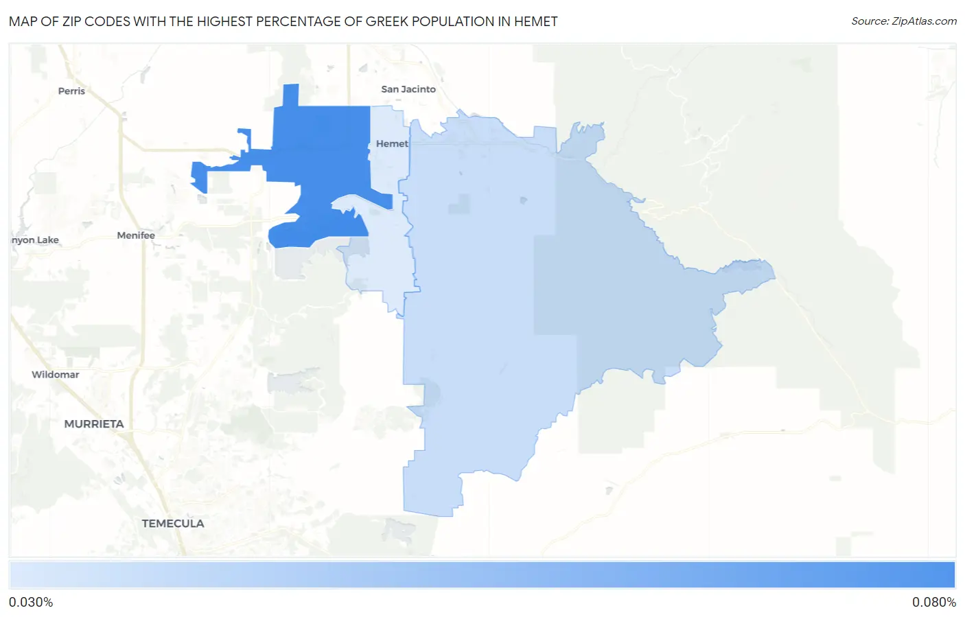 Zip Codes with the Highest Percentage of Greek Population in Hemet Map
