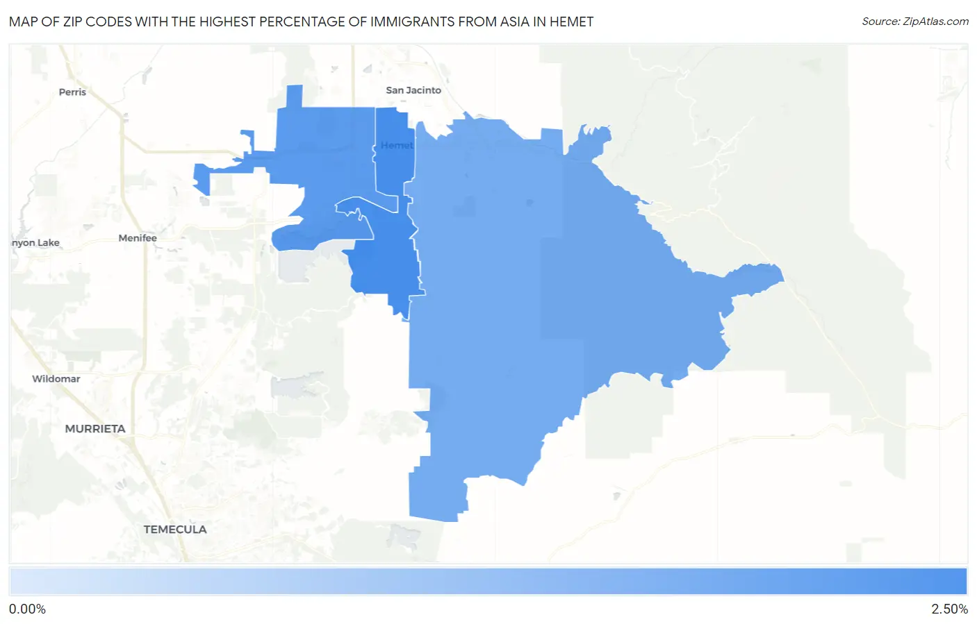 Zip Codes with the Highest Percentage of Immigrants from Asia in Hemet Map