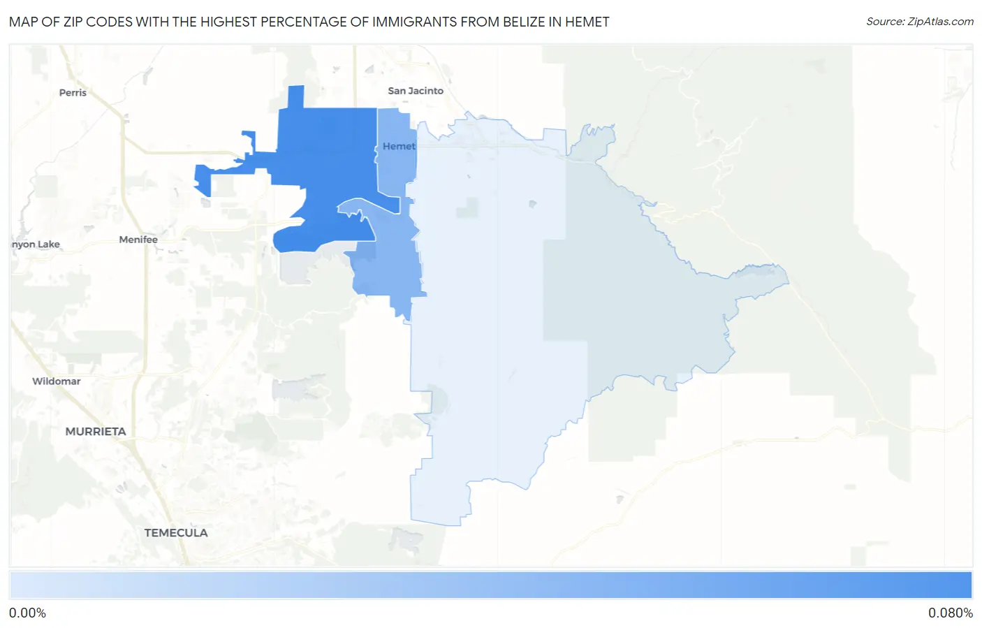 Zip Codes with the Highest Percentage of Immigrants from Belize in Hemet Map