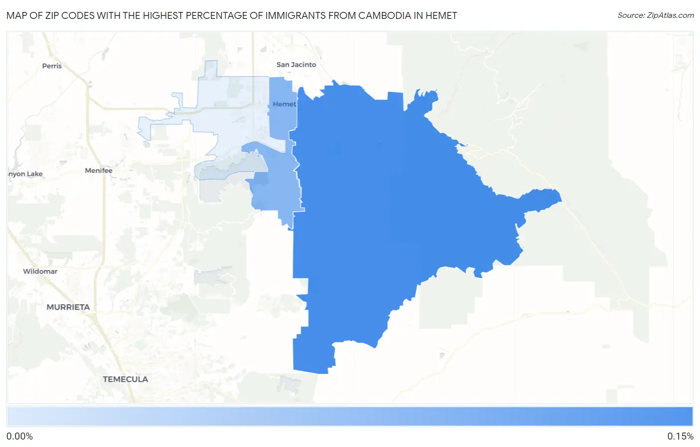 Zip Codes with the Highest Percentage of Immigrants from Cambodia in Hemet Map