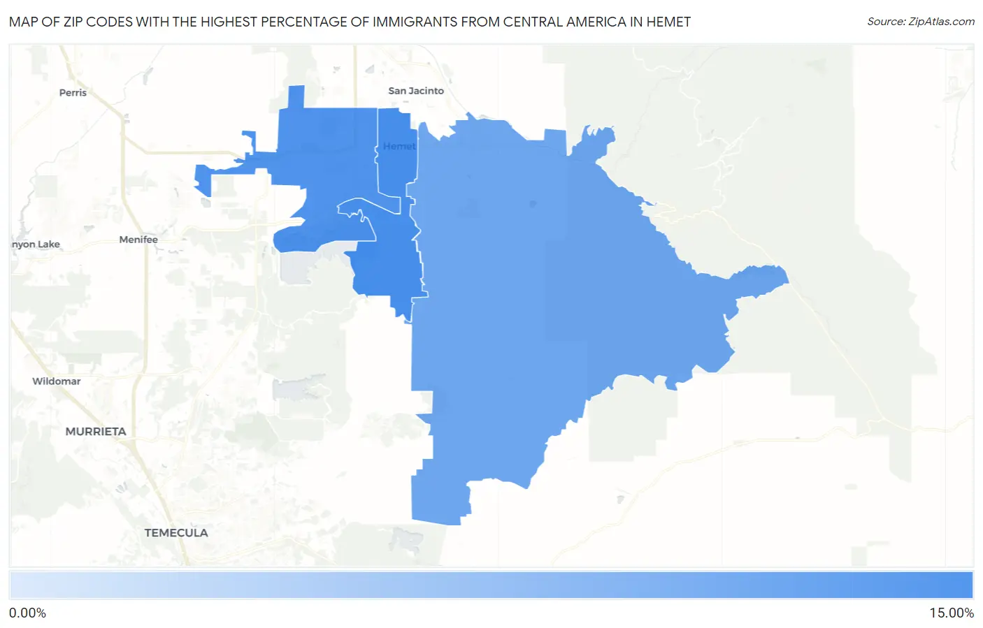 Zip Codes with the Highest Percentage of Immigrants from Central America in Hemet Map