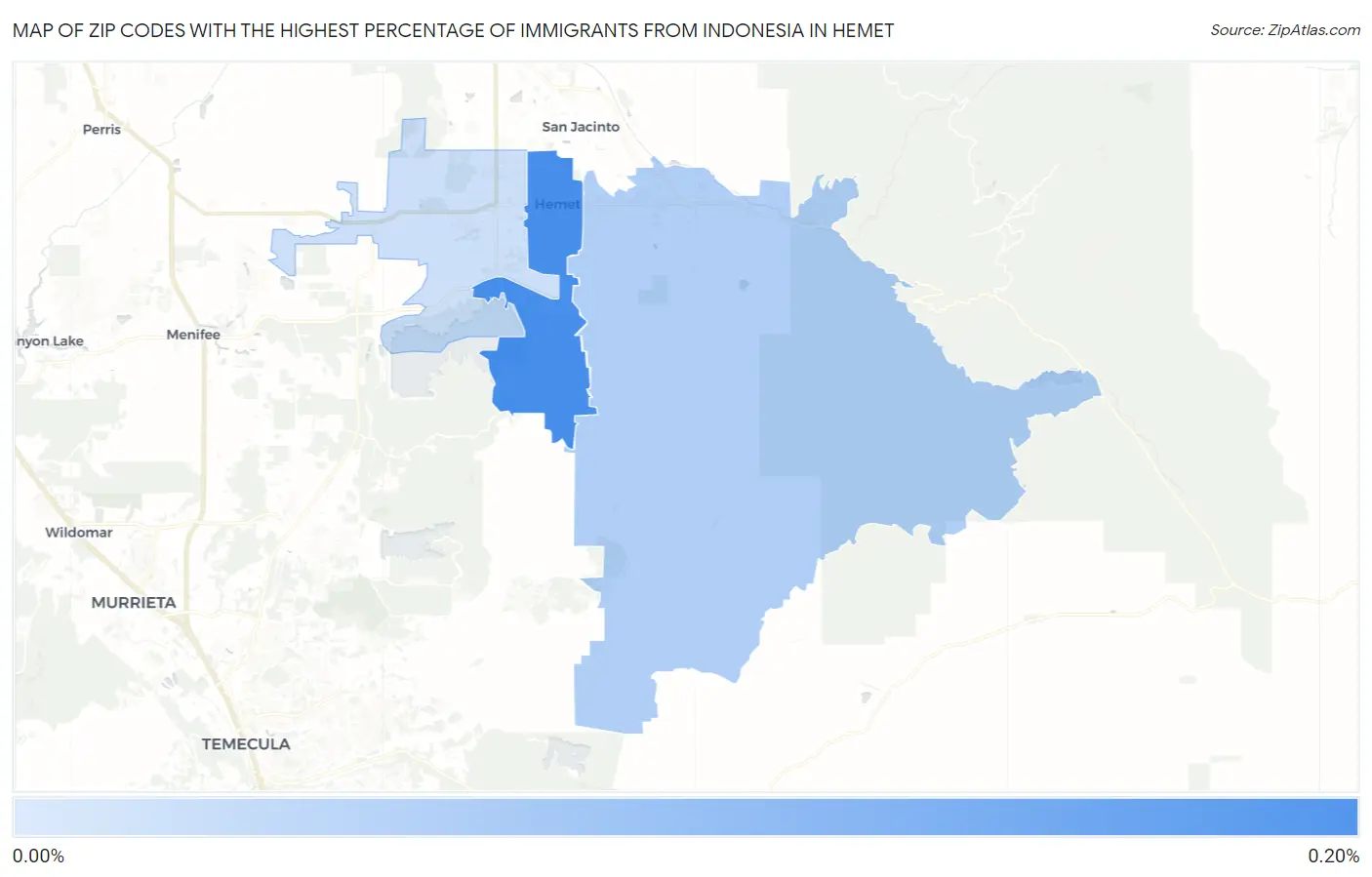 Zip Codes with the Highest Percentage of Immigrants from Indonesia in Hemet Map