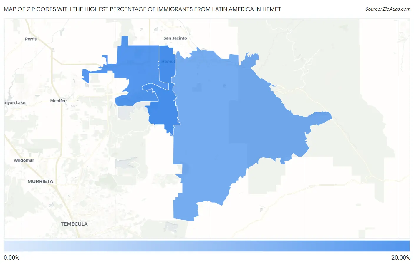 Zip Codes with the Highest Percentage of Immigrants from Latin America in Hemet Map