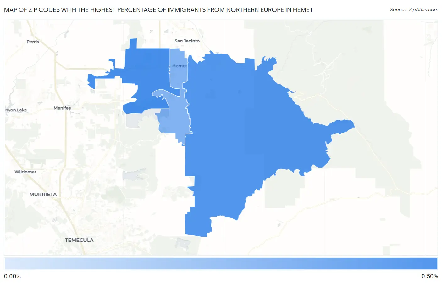 Zip Codes with the Highest Percentage of Immigrants from Northern Europe in Hemet Map