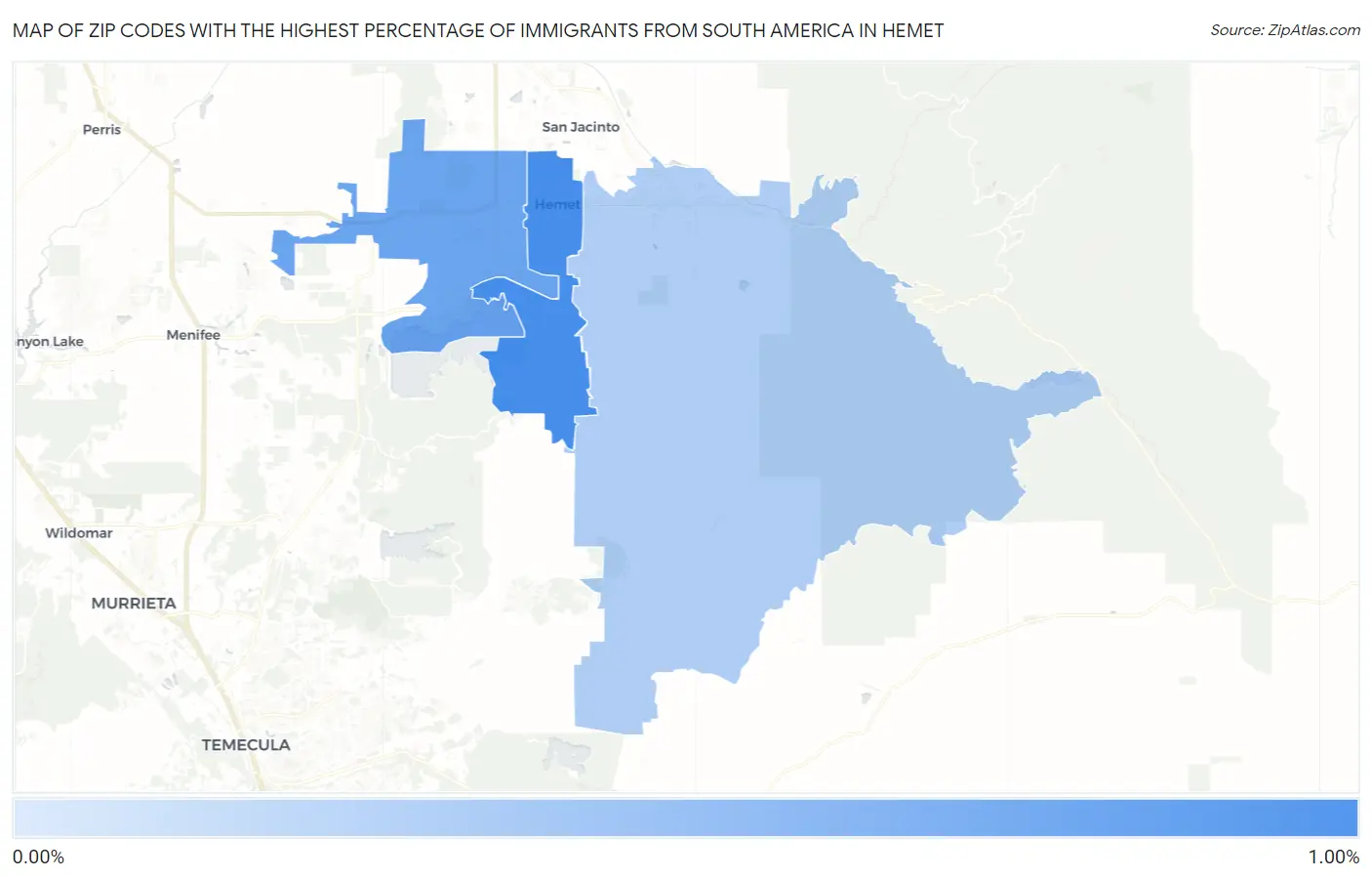 Zip Codes with the Highest Percentage of Immigrants from South America in Hemet Map
