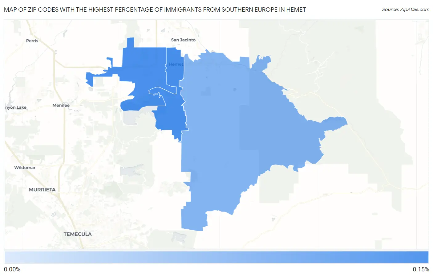 Zip Codes with the Highest Percentage of Immigrants from Southern Europe in Hemet Map