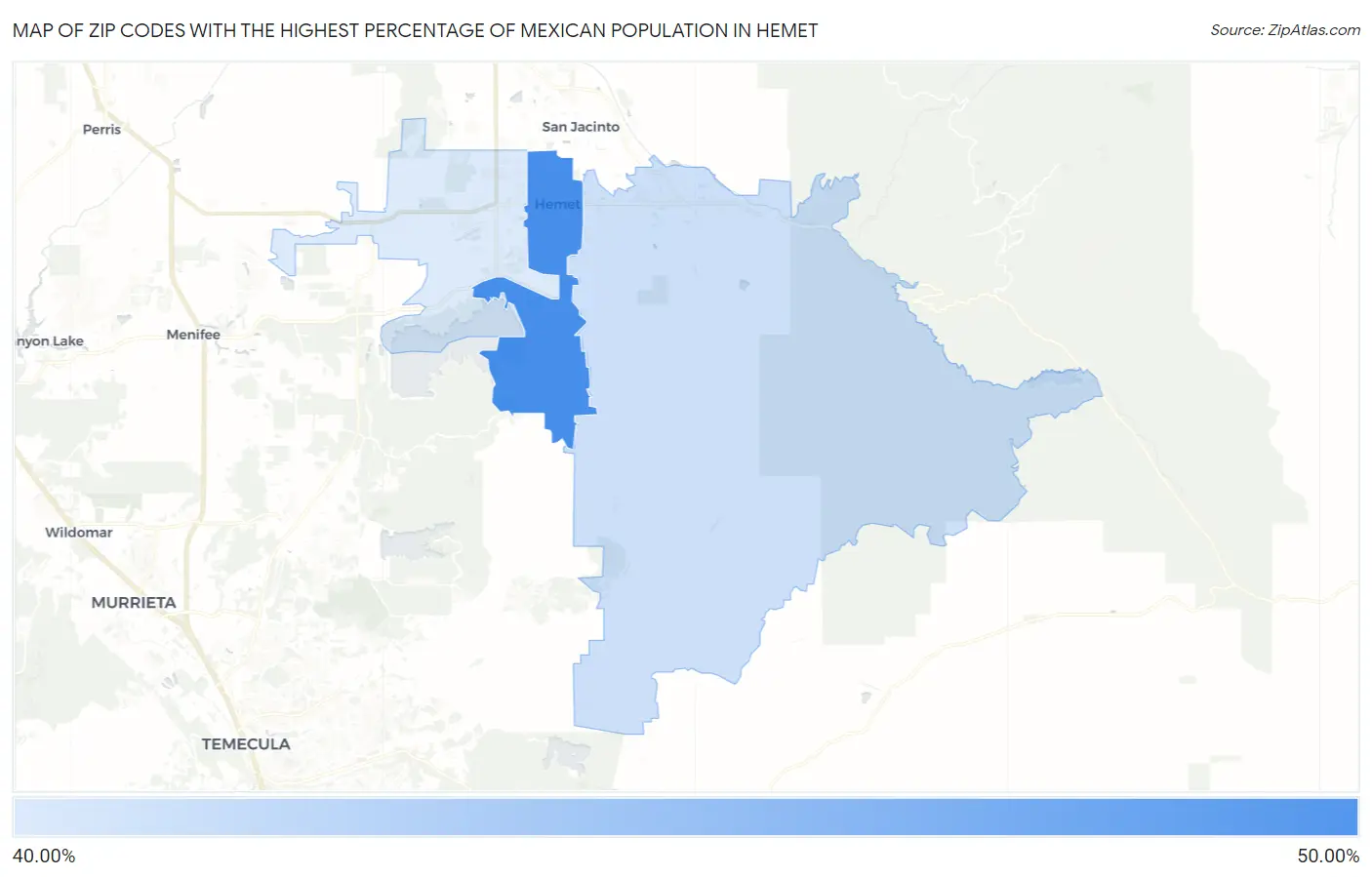 Zip Codes with the Highest Percentage of Mexican Population in Hemet Map