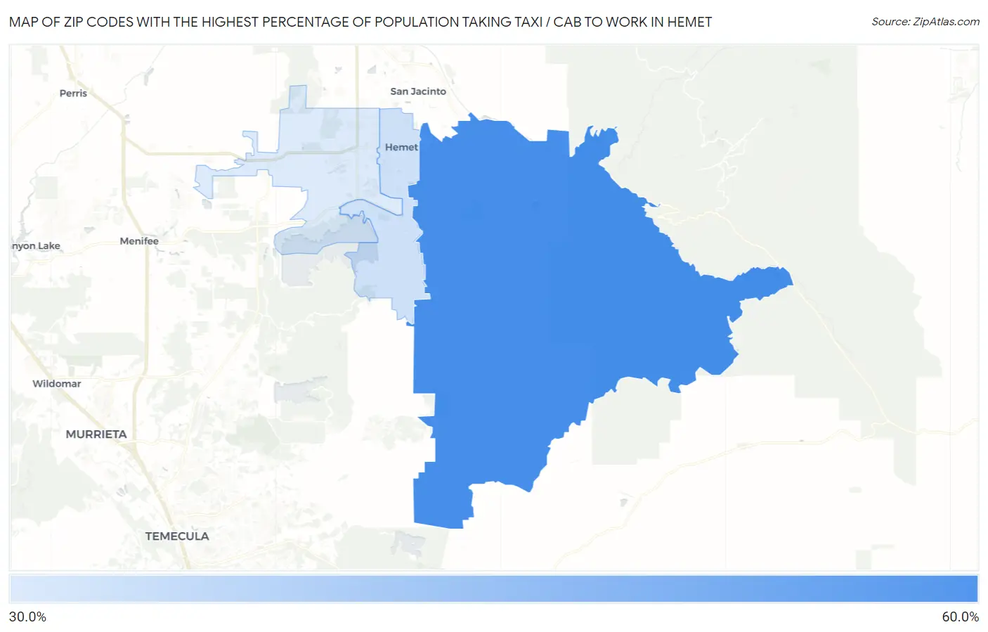 Zip Codes with the Highest Percentage of Population Taking Taxi / Cab to Work in Hemet Map