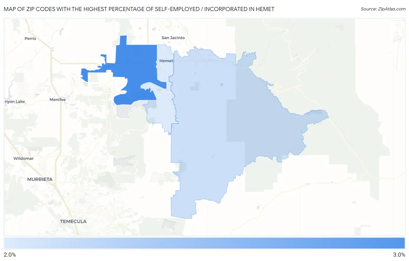 Zip Codes with the Highest Percentage of Self-Employed / Incorporated in Hemet Map
