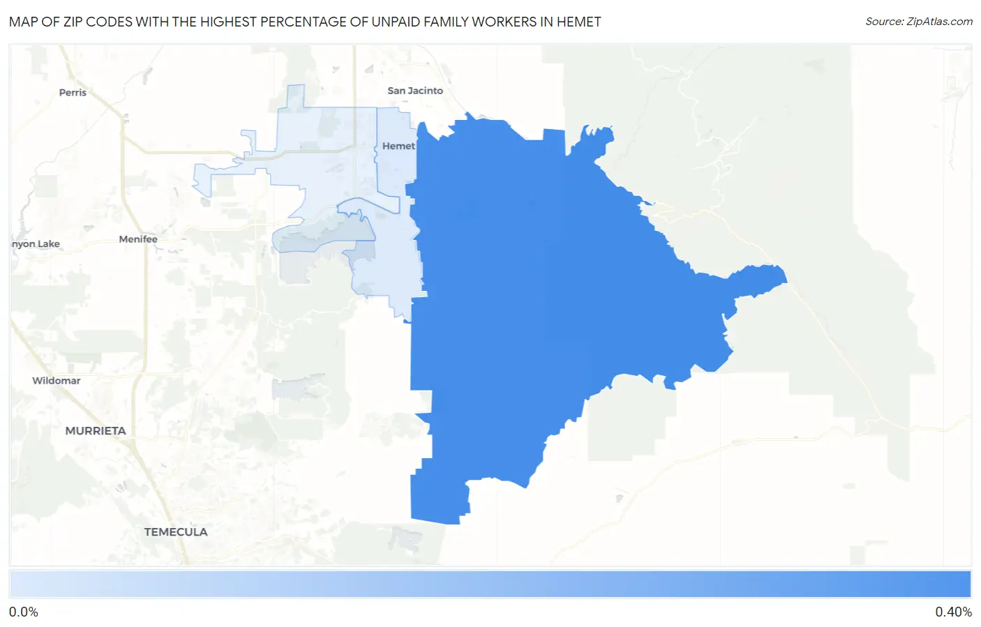 Zip Codes with the Highest Percentage of Unpaid Family Workers in Hemet Map