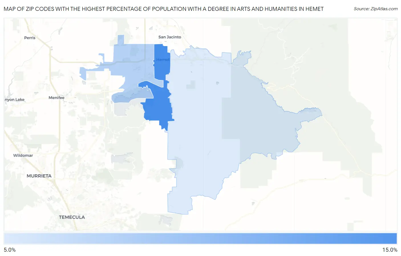 Zip Codes with the Highest Percentage of Population with a Degree in Arts and Humanities in Hemet Map