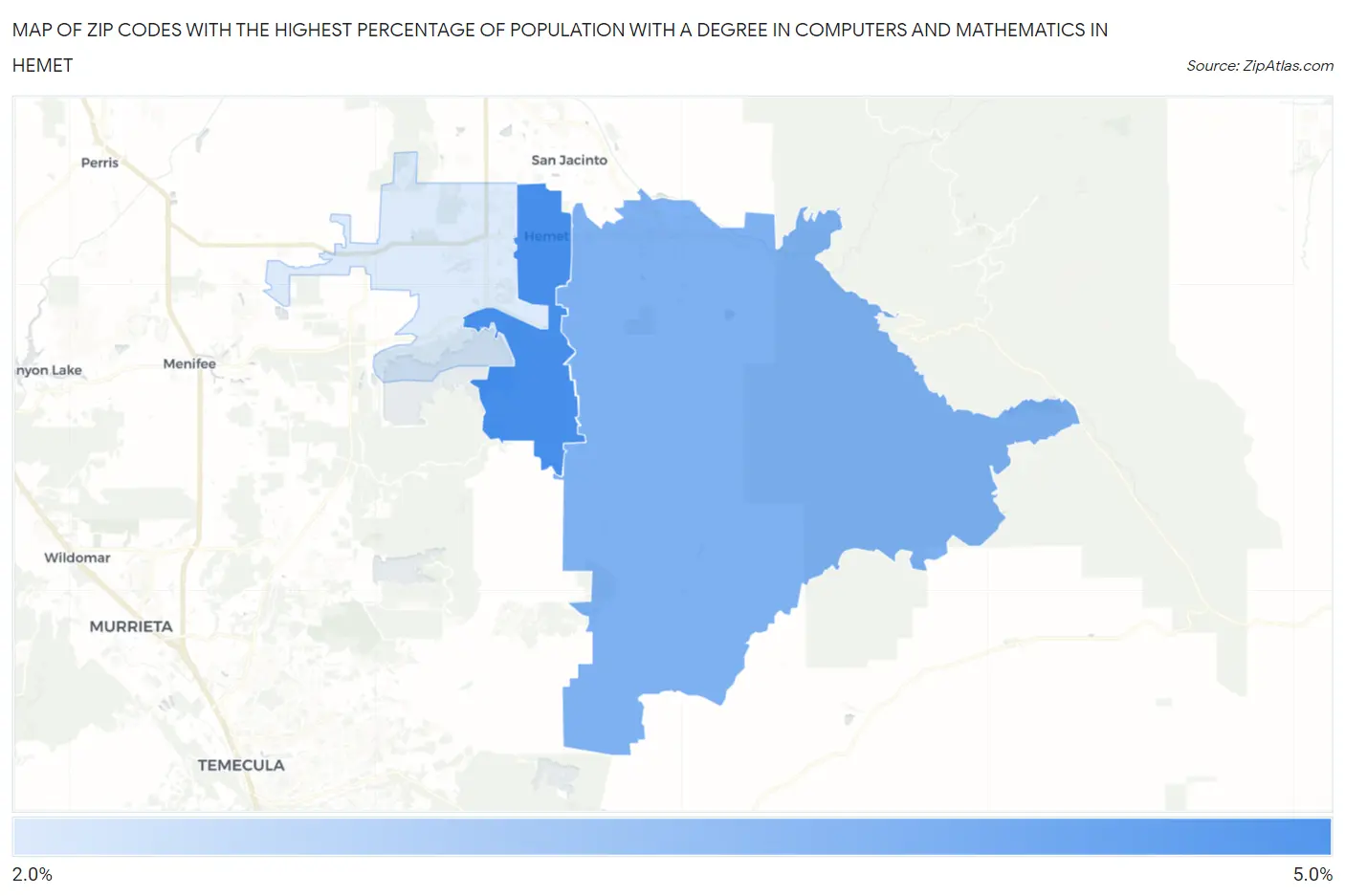 Zip Codes with the Highest Percentage of Population with a Degree in Computers and Mathematics in Hemet Map