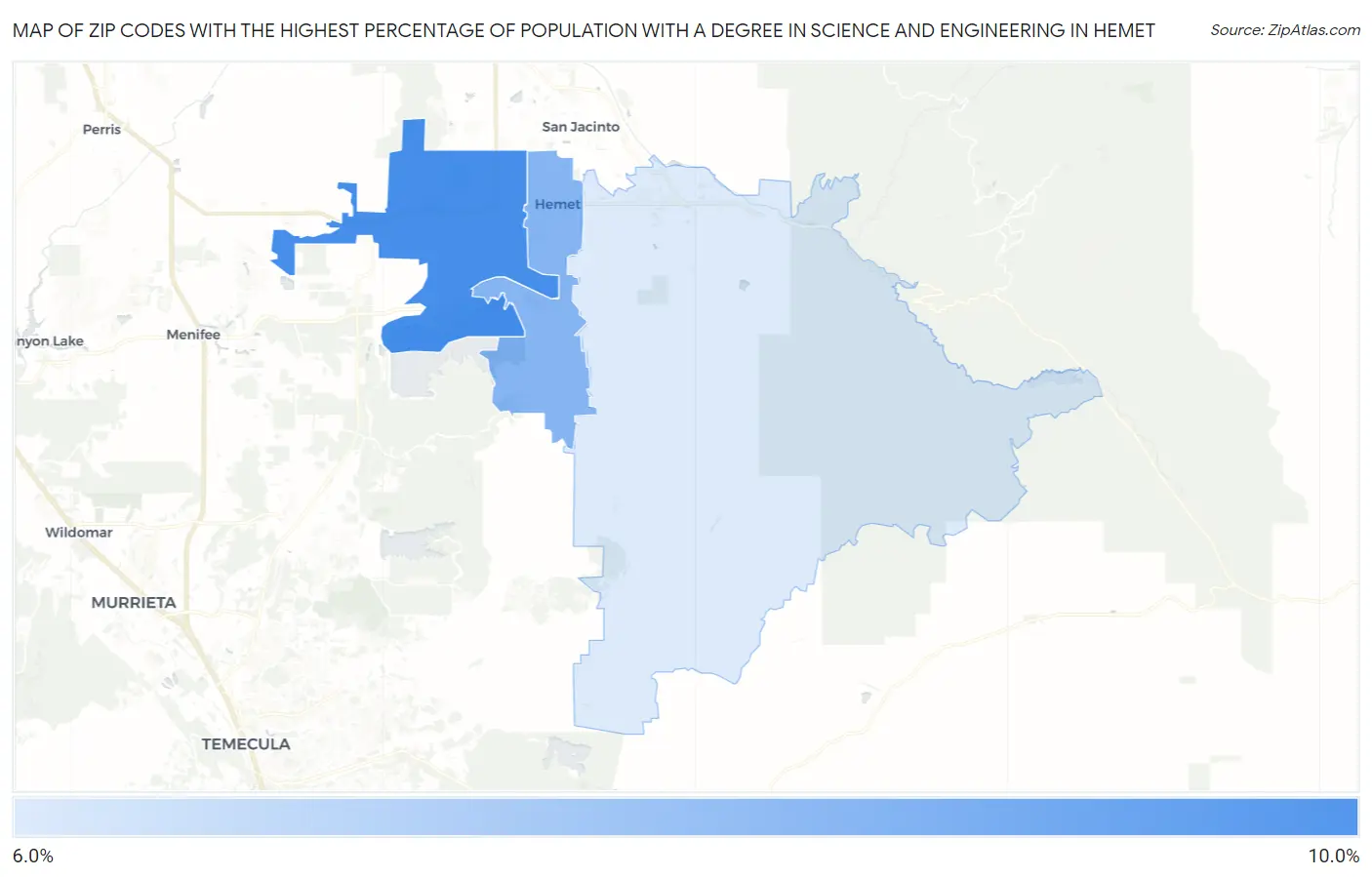 Zip Codes with the Highest Percentage of Population with a Degree in Science and Engineering in Hemet Map