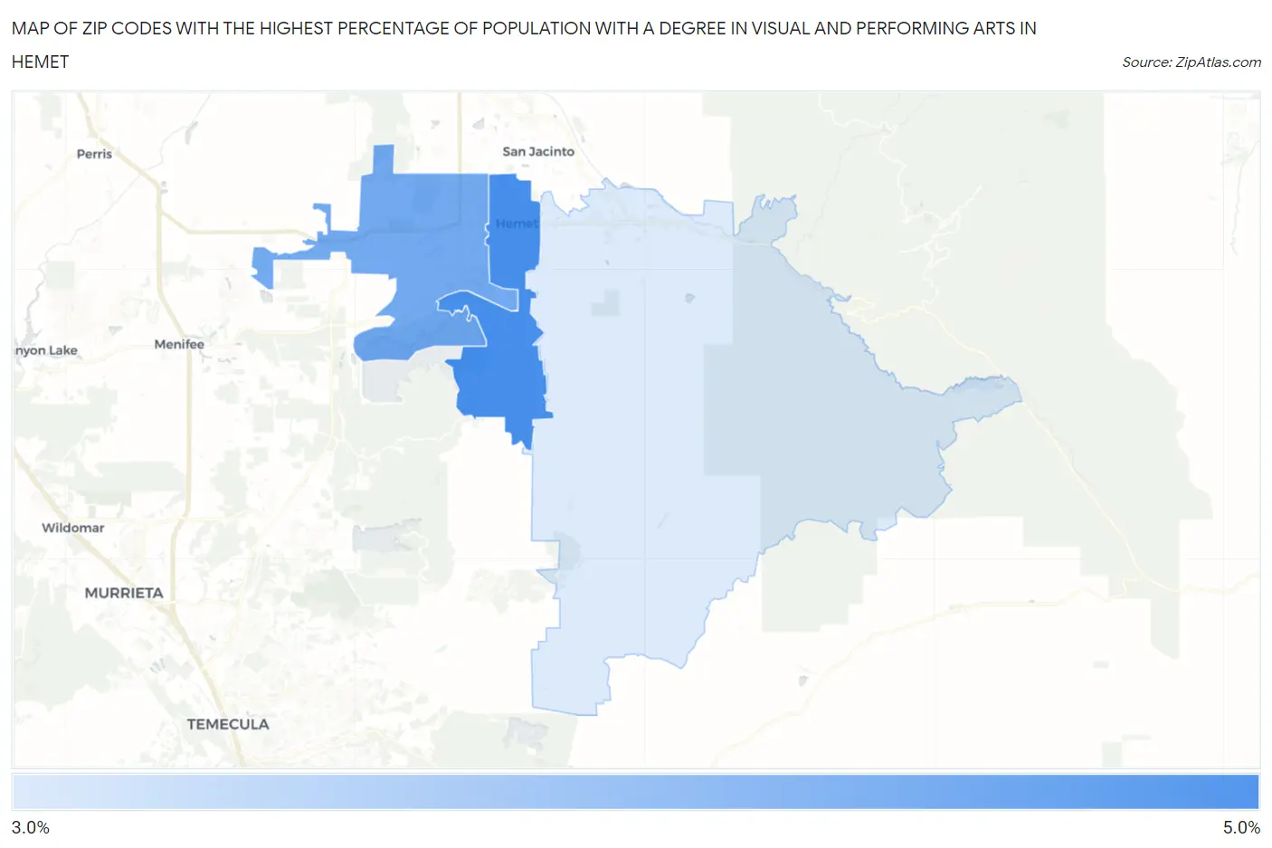 Zip Codes with the Highest Percentage of Population with a Degree in Visual and Performing Arts in Hemet Map