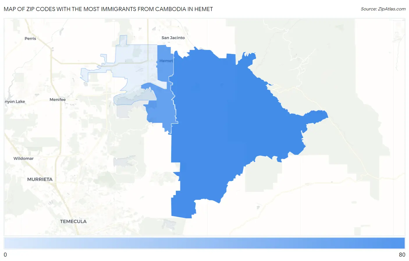 Zip Codes with the Most Immigrants from Cambodia in Hemet Map