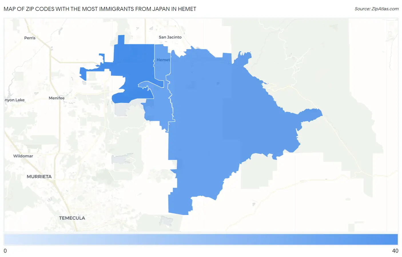 Zip Codes with the Most Immigrants from Japan in Hemet Map