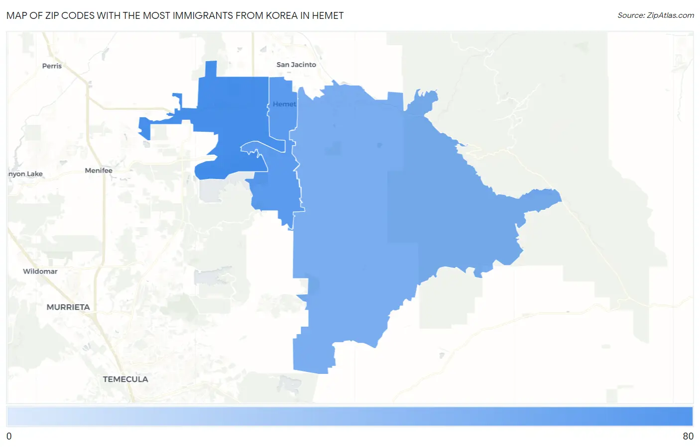 Zip Codes with the Most Immigrants from Korea in Hemet Map
