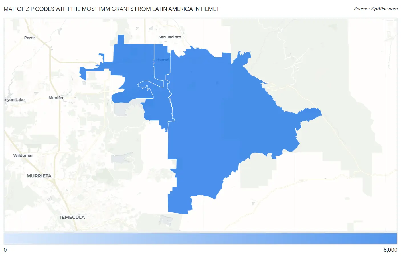 Zip Codes with the Most Immigrants from Latin America in Hemet Map