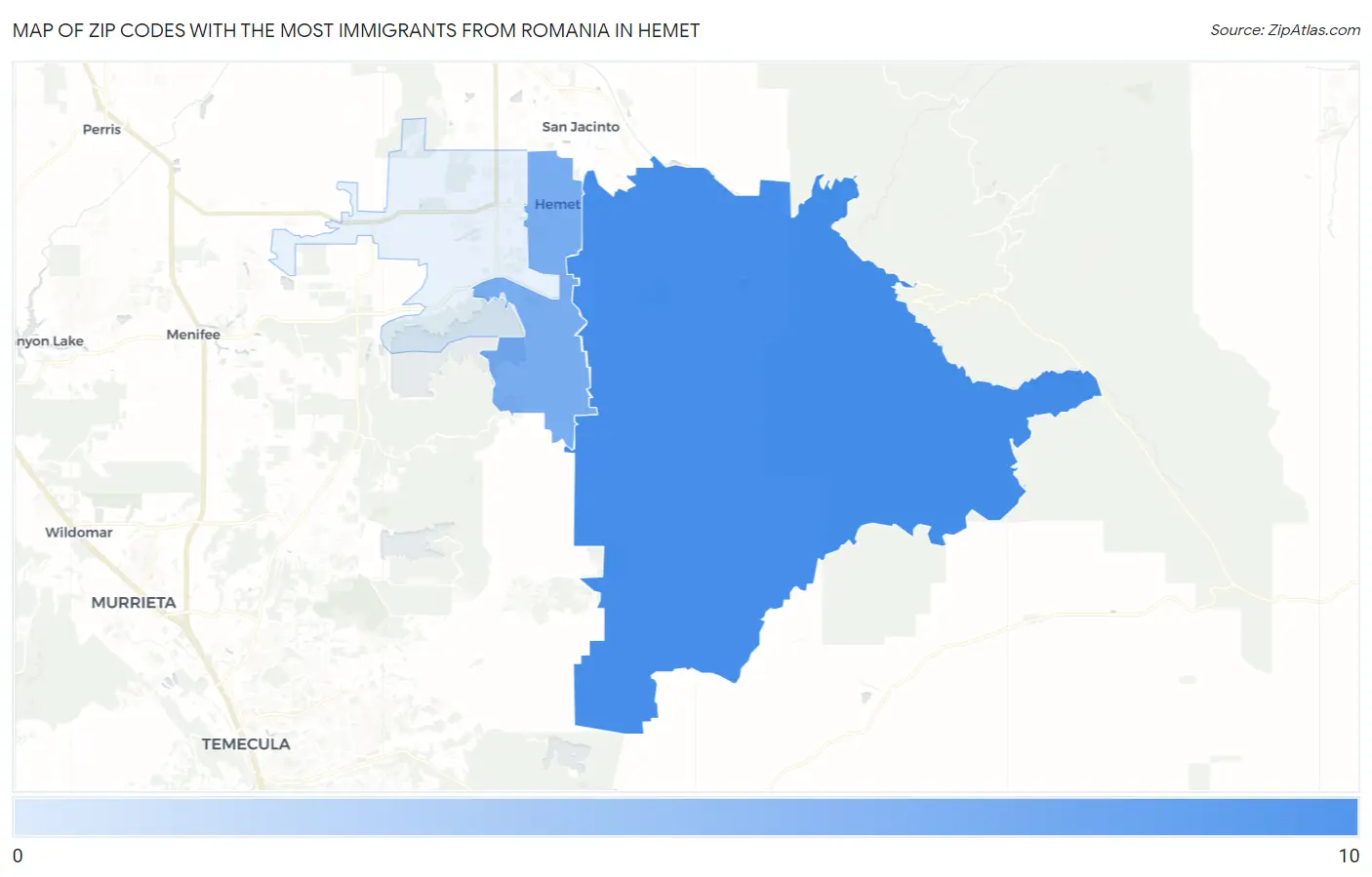 Zip Codes with the Most Immigrants from Romania in Hemet Map