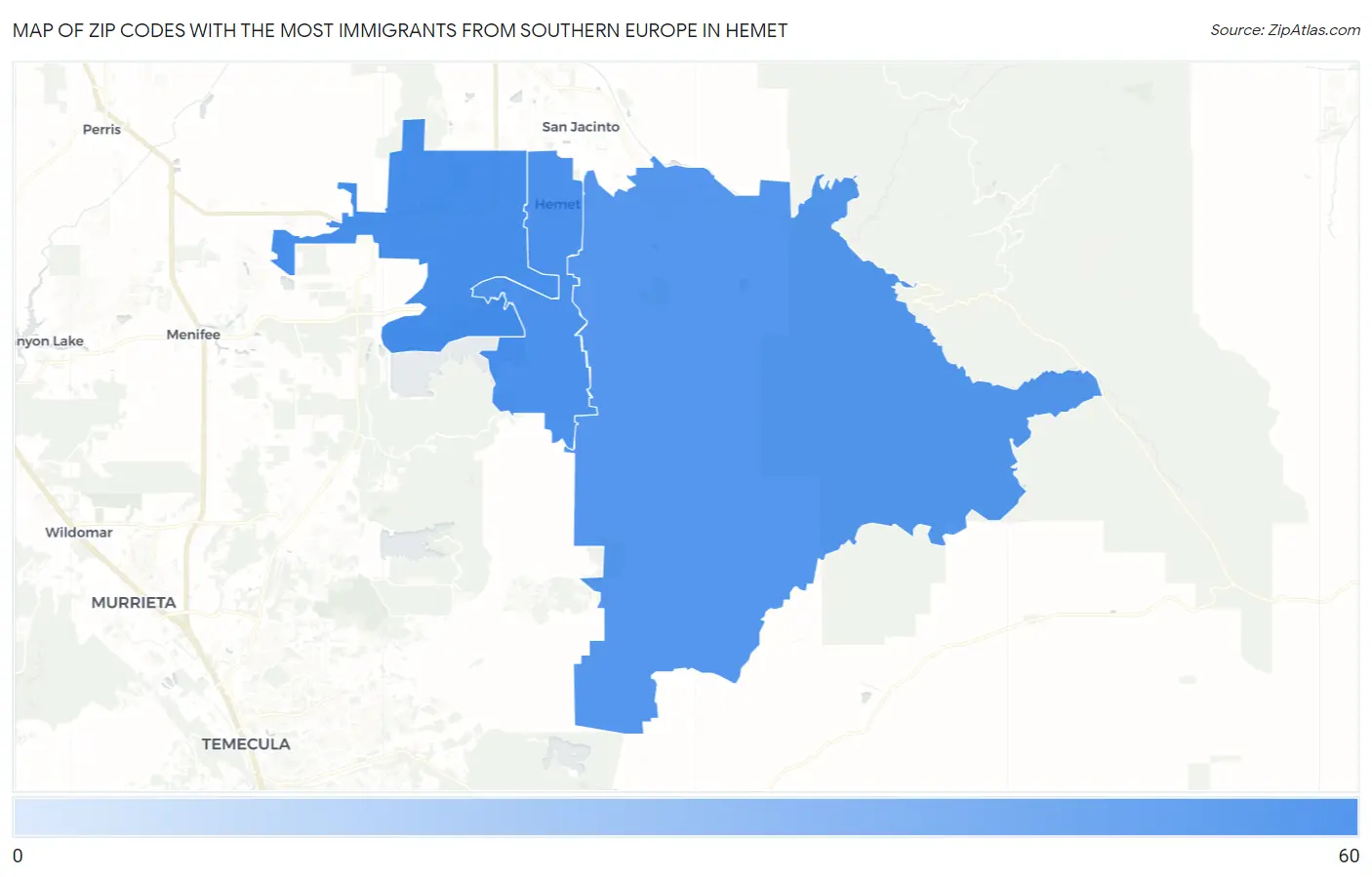 Zip Codes with the Most Immigrants from Southern Europe in Hemet Map