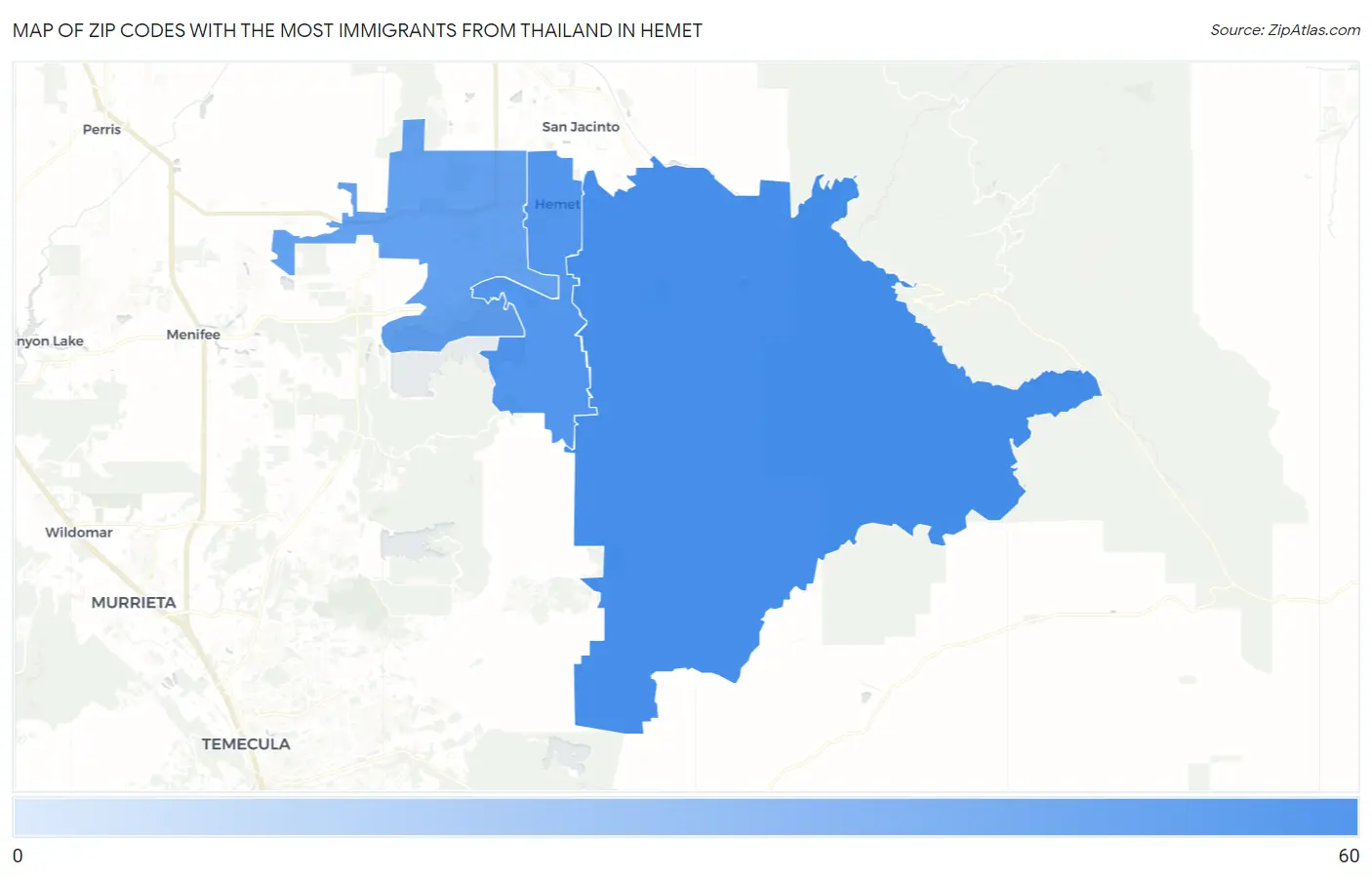 Zip Codes with the Most Immigrants from Thailand in Hemet Map