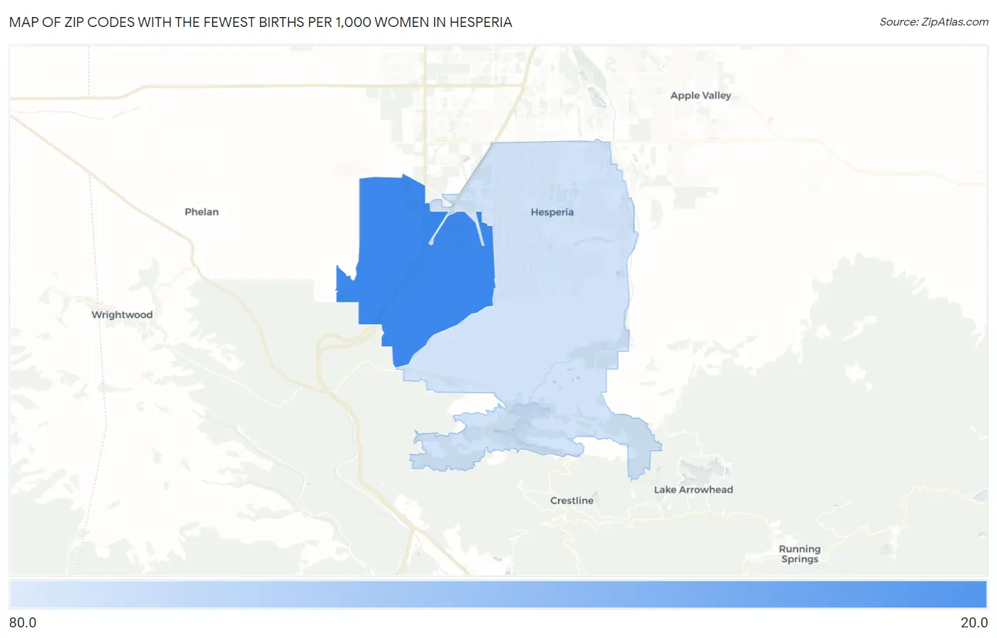 Zip Codes with the Fewest Births per 1,000 Women in Hesperia Map