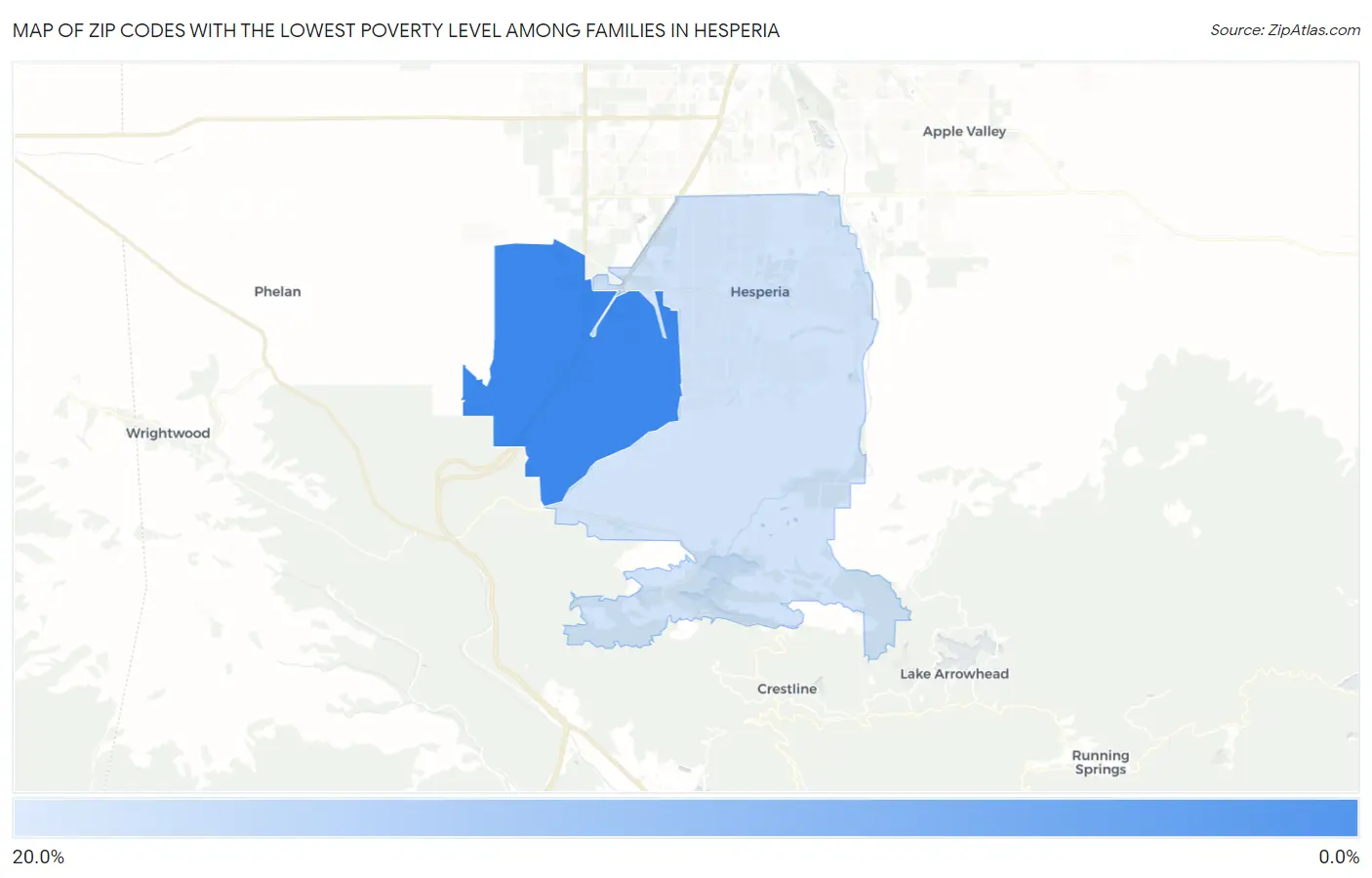 Zip Codes with the Lowest Poverty Level Among Families in Hesperia Map