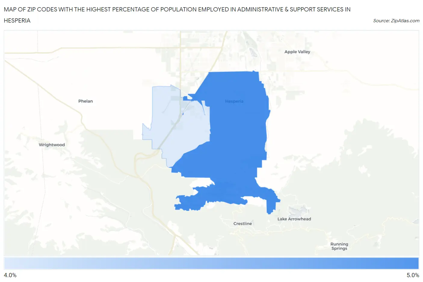 Zip Codes with the Highest Percentage of Population Employed in Administrative & Support Services in Hesperia Map